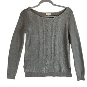 Maison Jules Women Silver Metallic Cable Knit Sweater Boat Neck Long‎ Sleeve S